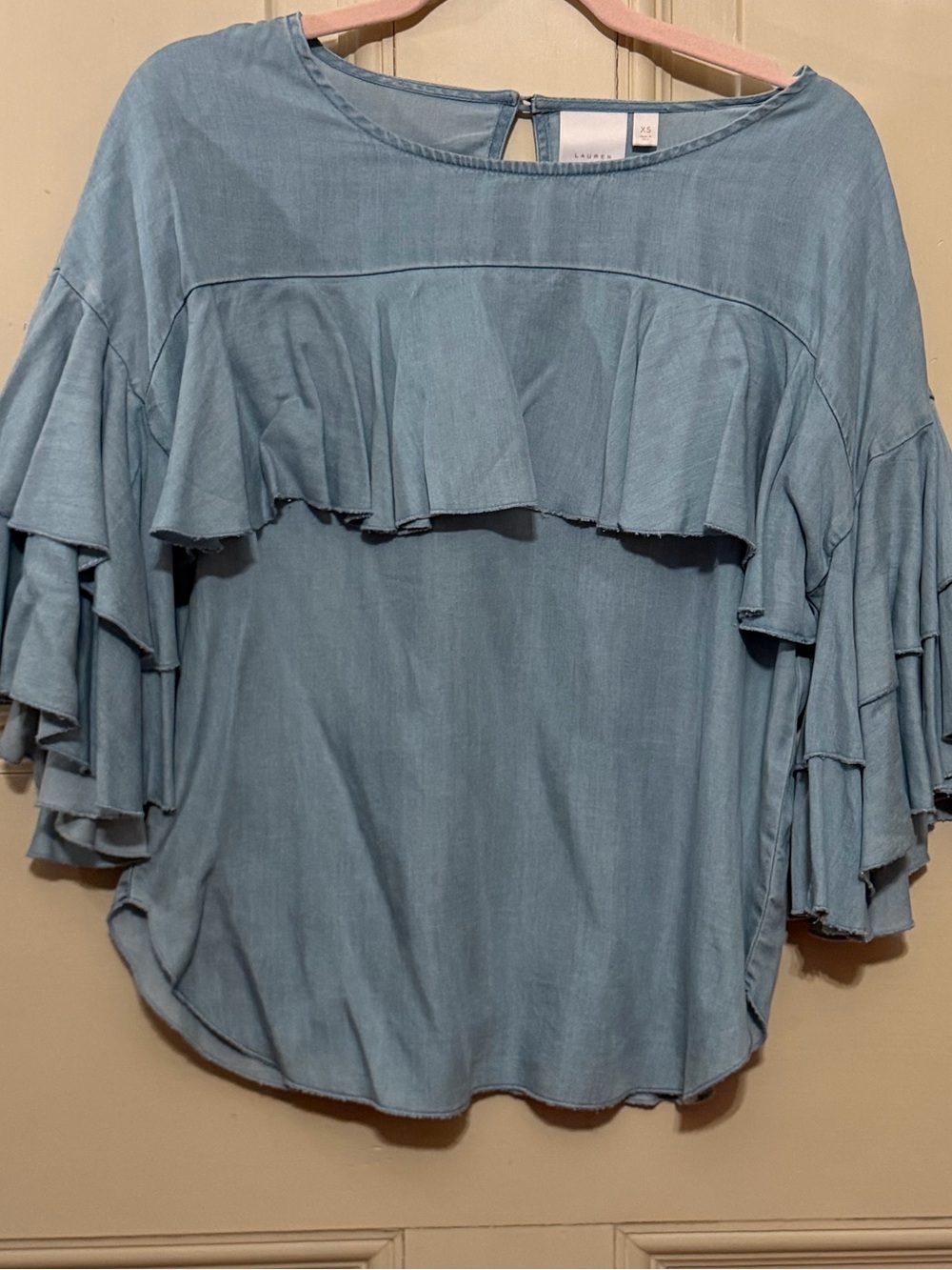 Lauren Conrad Chambray Ruffle Flutter Sleeve Blouse